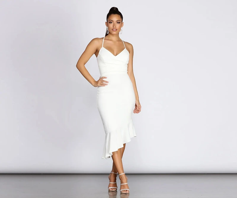 Ellie Asymmetrical Flounce Midi Dress