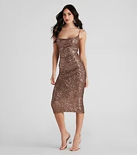 Lillia Formal Cowl Neck Sequin Midi Dress