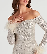 Jolie Sequin Feather Cuff Mini Dress