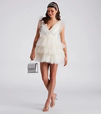Devon Ruffled Tulle V-Neck Party Dress