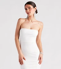 Marina Strapless Crepe Feather Trim Midi Dress