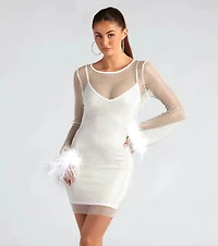 Penelope Rhinestone Fishnet Feather Trim Party Dress