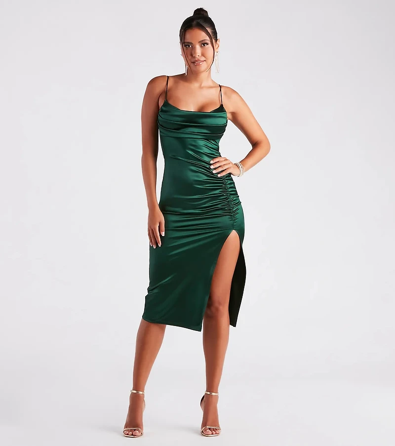 Kristen Formal Satin Cowl Neck Midi Dress