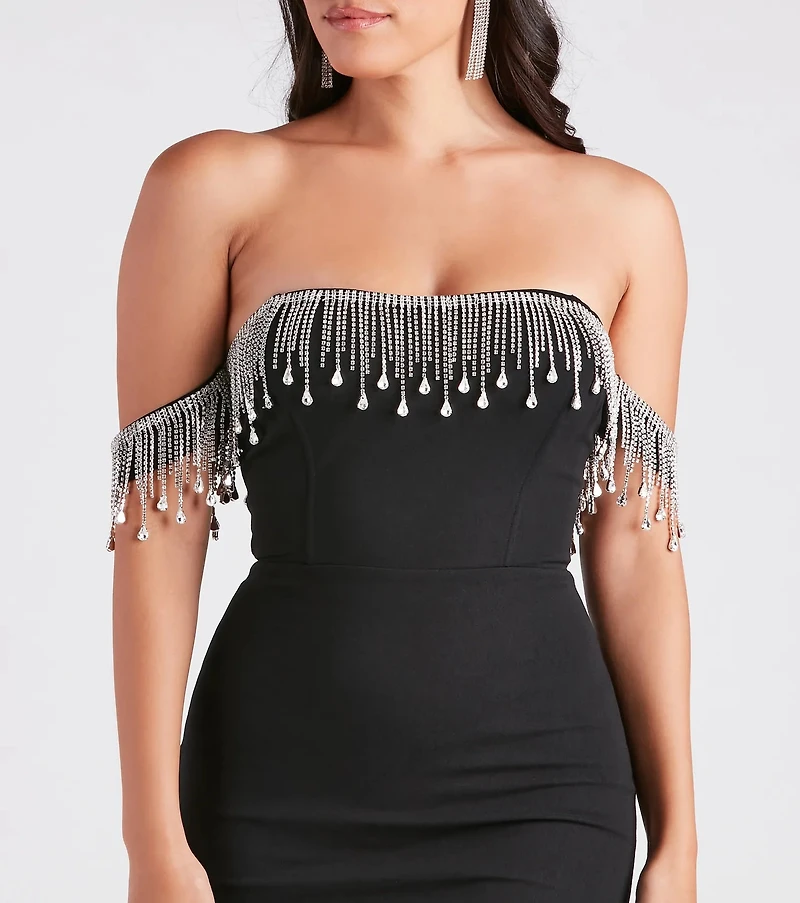 Shaylee Rhinestone Fringe Off-The-Shoulder Dress