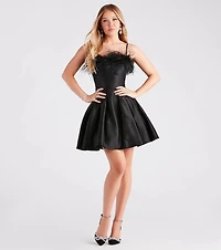 Lennon Satin Feather Trim Formal Skater Dress