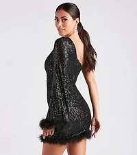 Donna Sequin Feather Trim Party Dress