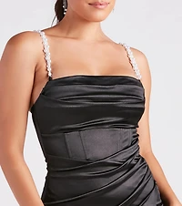 Klarrissa Formal Satin Pearl Strap Midi Dress
