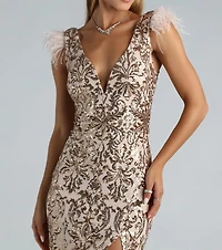 Ada Formal Sequin Feather Midi Dress