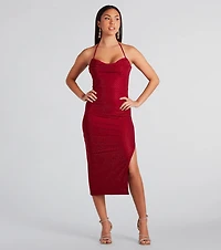 Josie Formal Rhinestone Cowl Halter Midi Dress