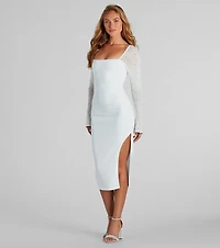Amy Formal Crepe Faux Pearl Sleeve Midi Dress