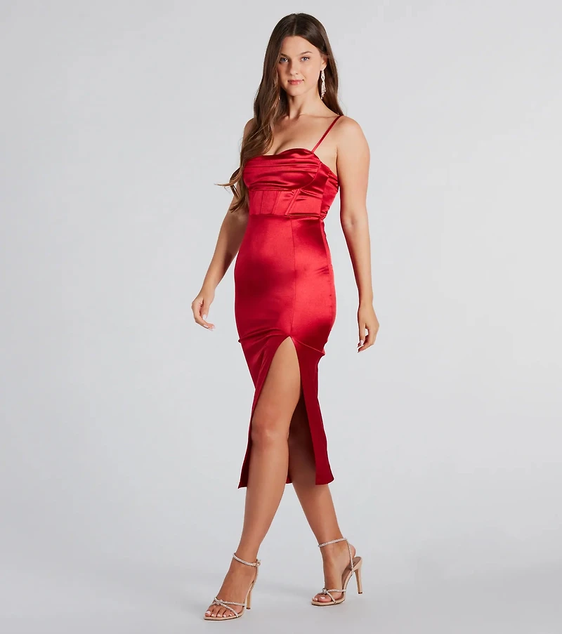 Alena Formal Satin Cowl Neck Midi Dress