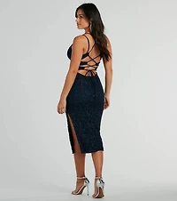 Darcy Lace-Up Glitter Lace Midi Formal Dress