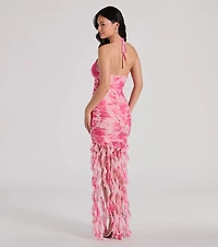 Belinda Halter Floral Rhinestone Ruffle Mini Dress