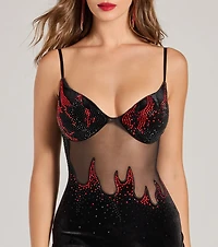 Sabrina Rhinestone Flame Sheer Velvet Mini Dress