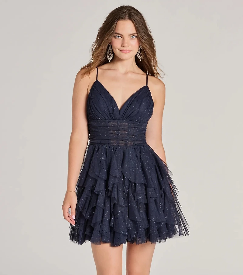 Leanna Ruffle Glitter Mesh Skater Dress