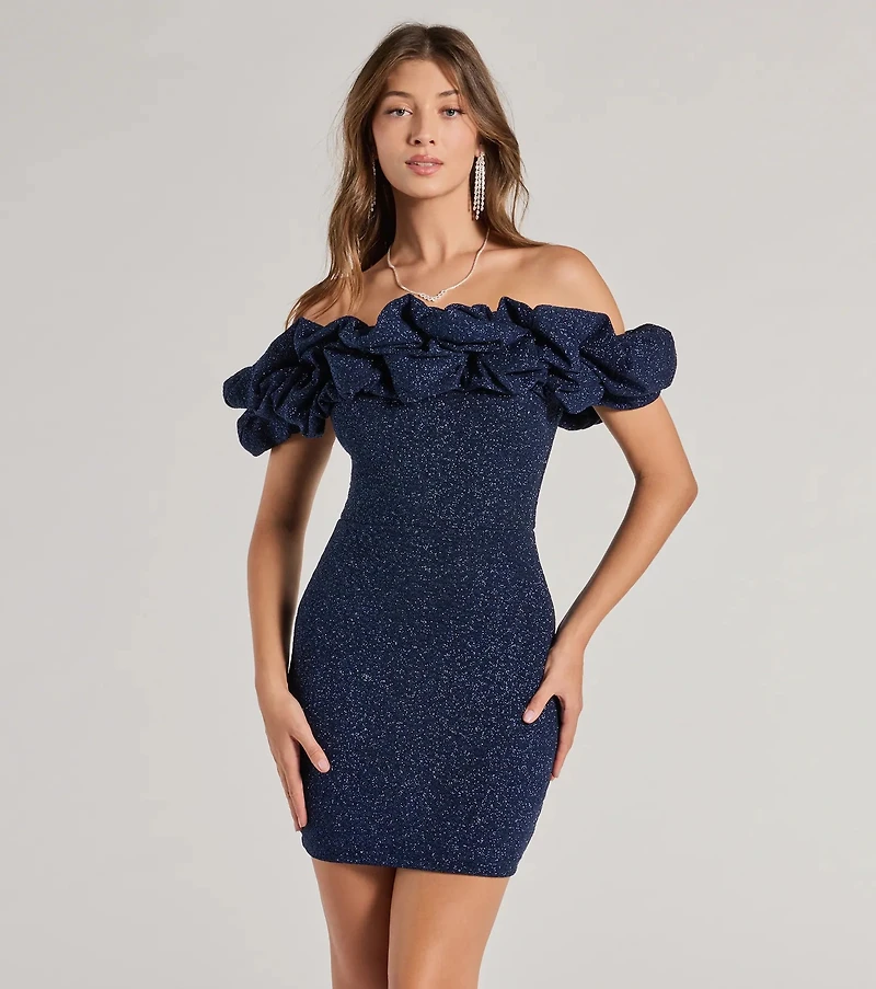 Ember Off-The-Shoulder Ruffle Glitter Party Dress
