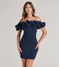 Ember Off-The-Shoulder Ruffle Glitter Party Dress