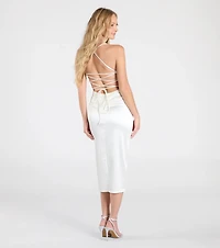 Aubrey Lace-Up Slit Satin Midi Formal Dress