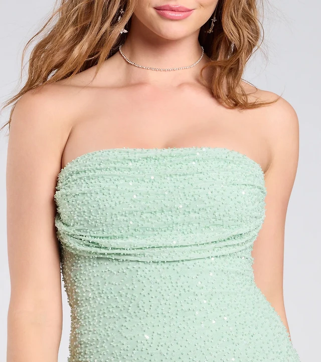 lena strapless bodycon beaded mesh mini dress Windsor Lena Strapless Bodycon Beaded Mesh Mini Dress in Black | Size: XXS