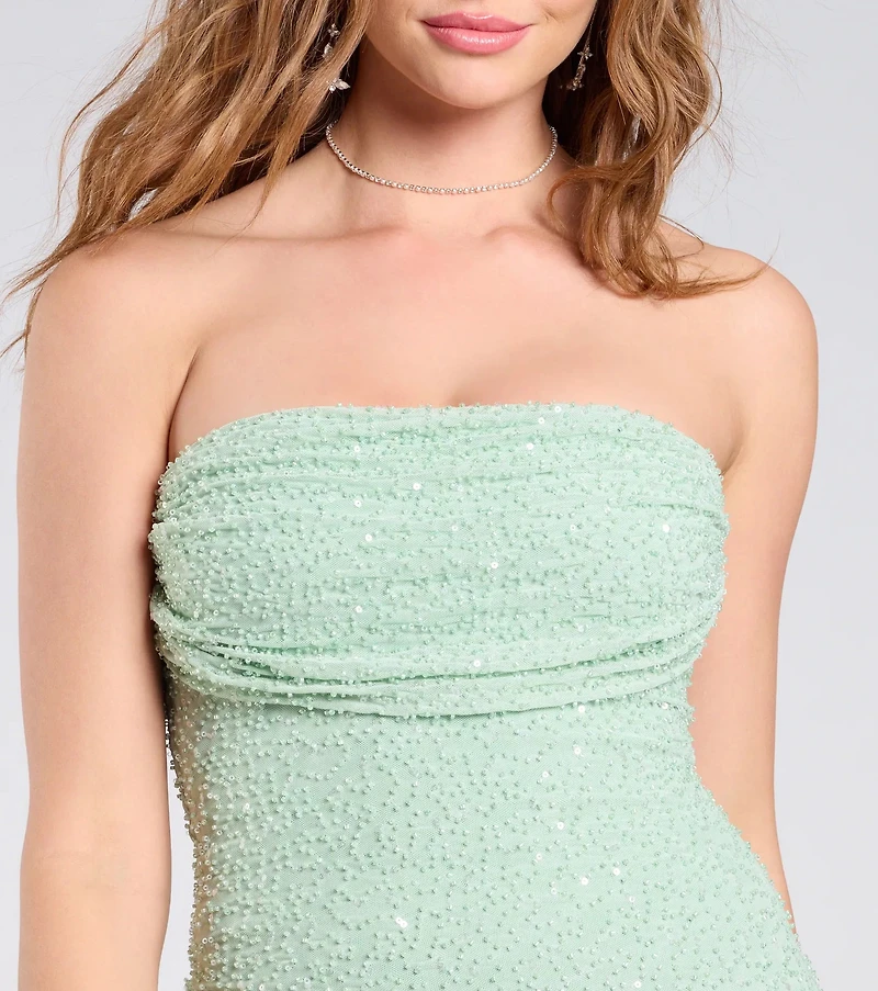 Lena Strapless Bodycon Beaded Mesh Mini Dress