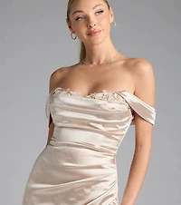 Martine Off-The-Shoulder Midi Satin Formal Dress