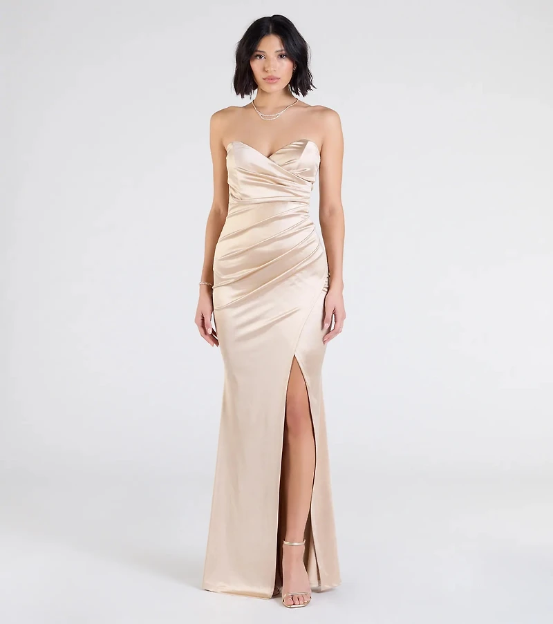 Olive Strapless Slit Mermaid Satin Formal Dress