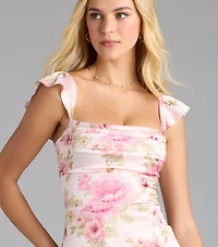 Alena Floral Satin Ruffle Sleeve Column Dress