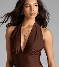 Darla Halter Open Back Bow Slit Formal Dress