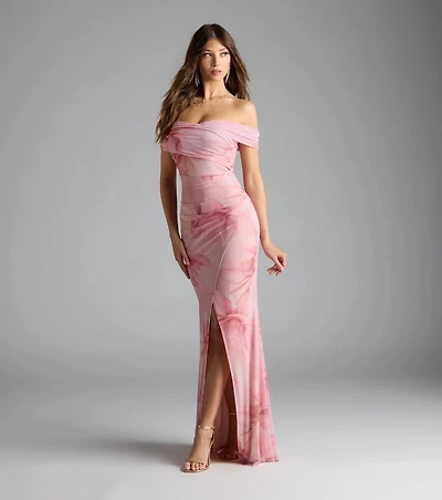 Cornelia Off-The-Shoulder Slit Floral Formal Dress