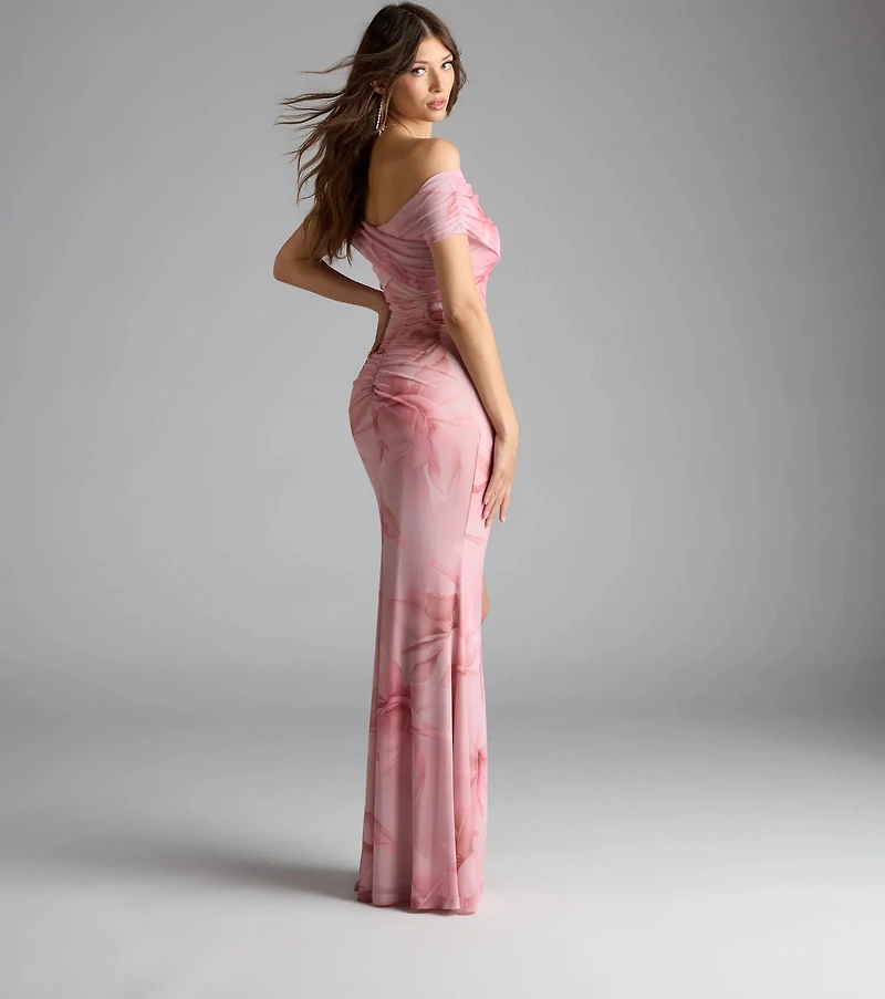 Cornelia Off-The-Shoulder Slit Floral Formal Dress