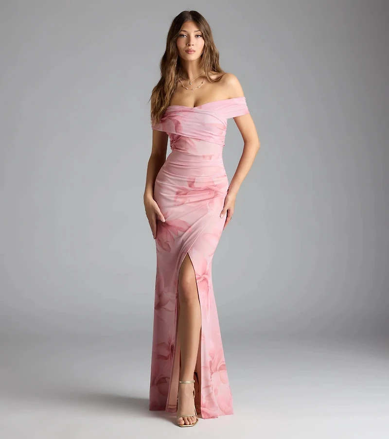 Cornelia Off-The-Shoulder Slit Floral Formal Dress