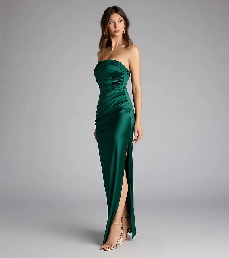 Brianna Satin Strapless High Slit Column Dress
