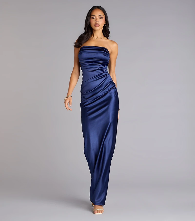 Brianna Satin Strapless High Slit Column Dress