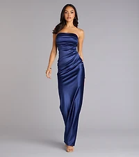 Brianna Satin Strapless High Slit Column Dress