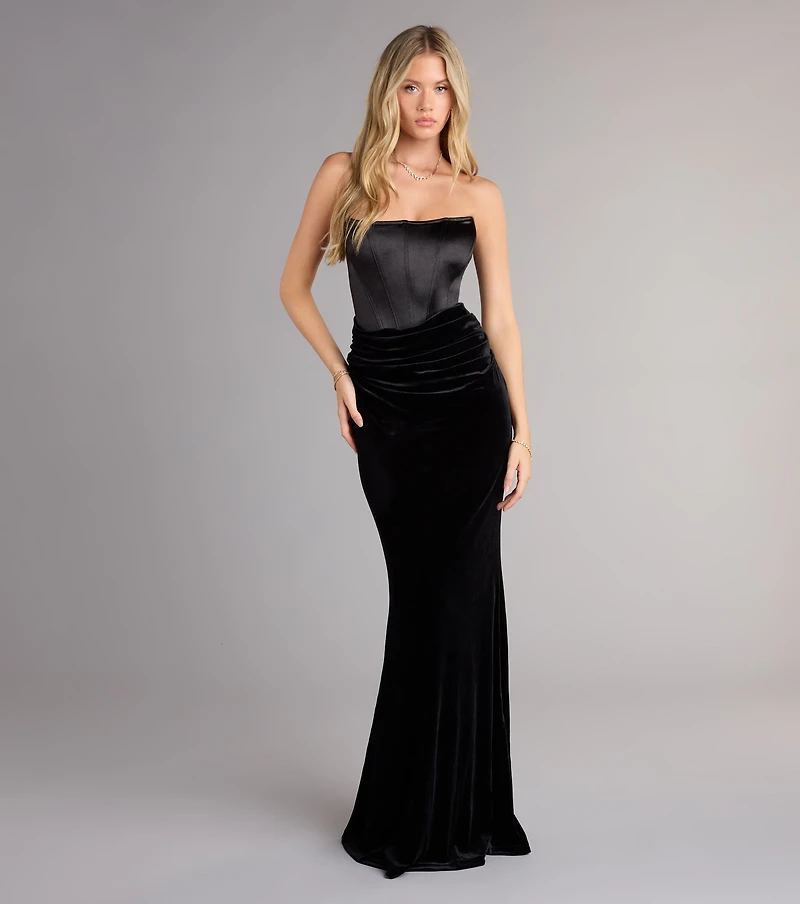 Windsor Zoya Satin Corset Velvet Mermaid Dress | Liberty Center Windsor Zoya Satin Corset Velvet Mermaid Dress | Liberty Center