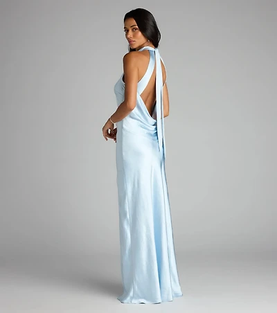 Andie Halter Open Back Slit Satin Formal Dress