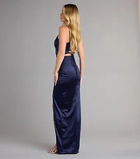 Janice Satin Lace-Up Wrap Slit Formal Dress