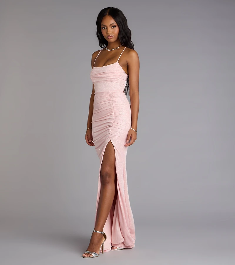 Diane Lace-Up Slit Mermaid Glitter Formal Dress