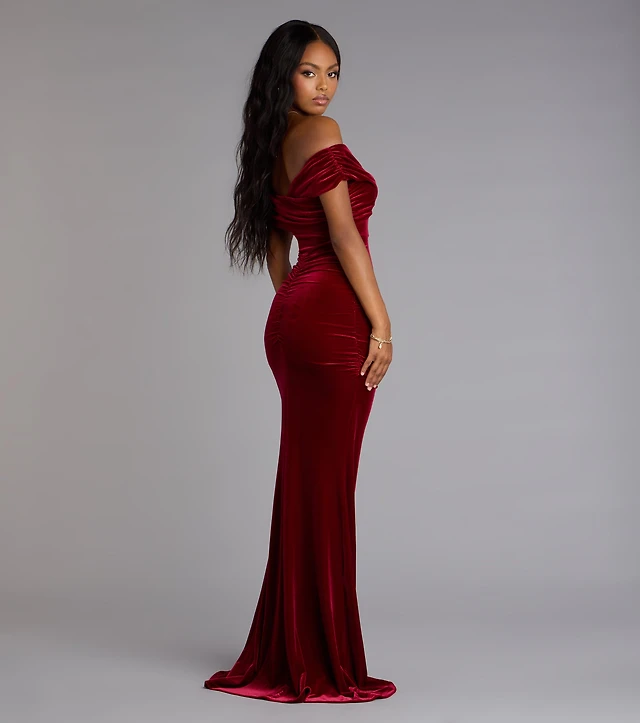 the occasion by old navy velvet off-shoulder maxi dress Off-the-Shoulder Ruched Velvet Mini Dress