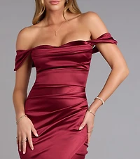 Belinda Off-The-Shoulder Slit Satin Formal Dress