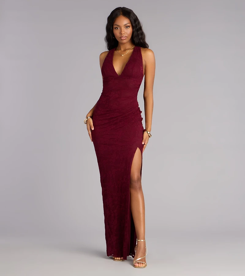 Titania Halter Slit Lace Formal Dress