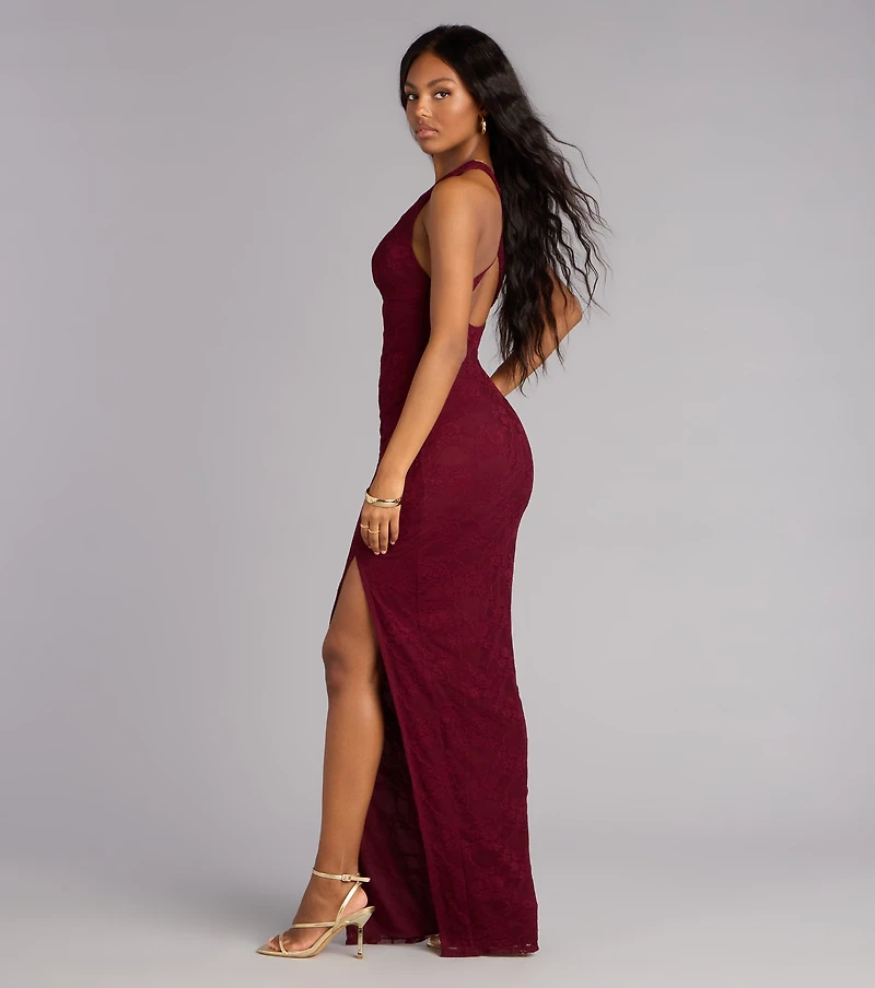 Titania Halter Slit Lace Formal Dress