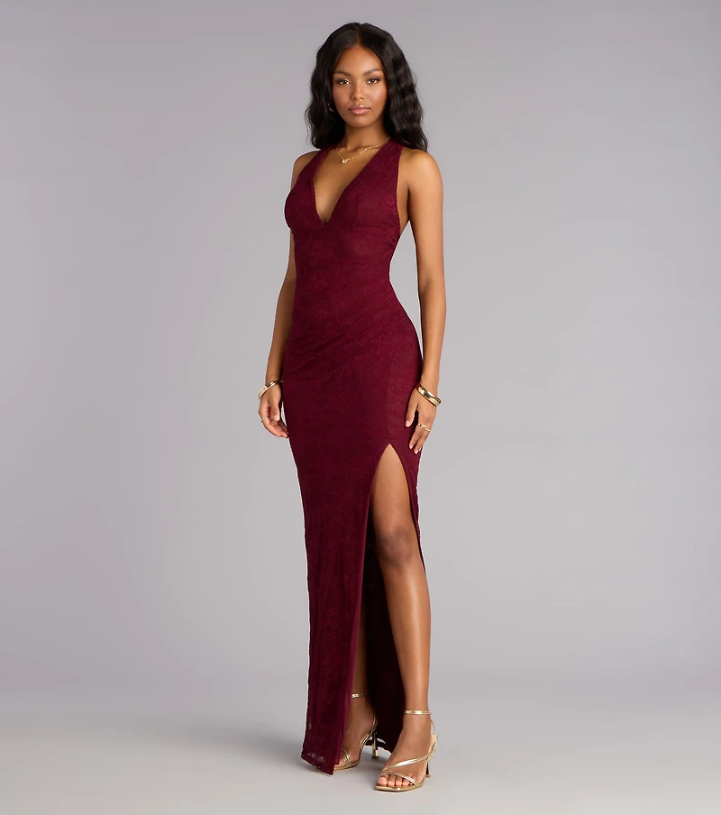 Titania Halter Slit Lace Formal Dress