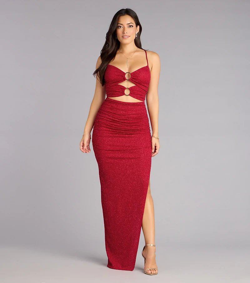 Maribelle Glitter Cutout Slit Formal Dress