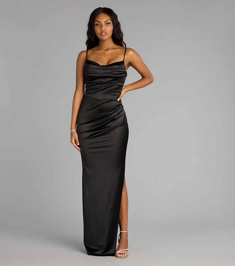 Jane Cowl Neck Slit Satin Formal Column Dress