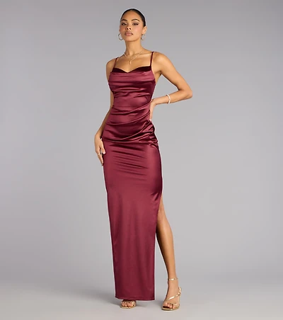 Jane Cowl Neck Slit Satin Formal Column Dress