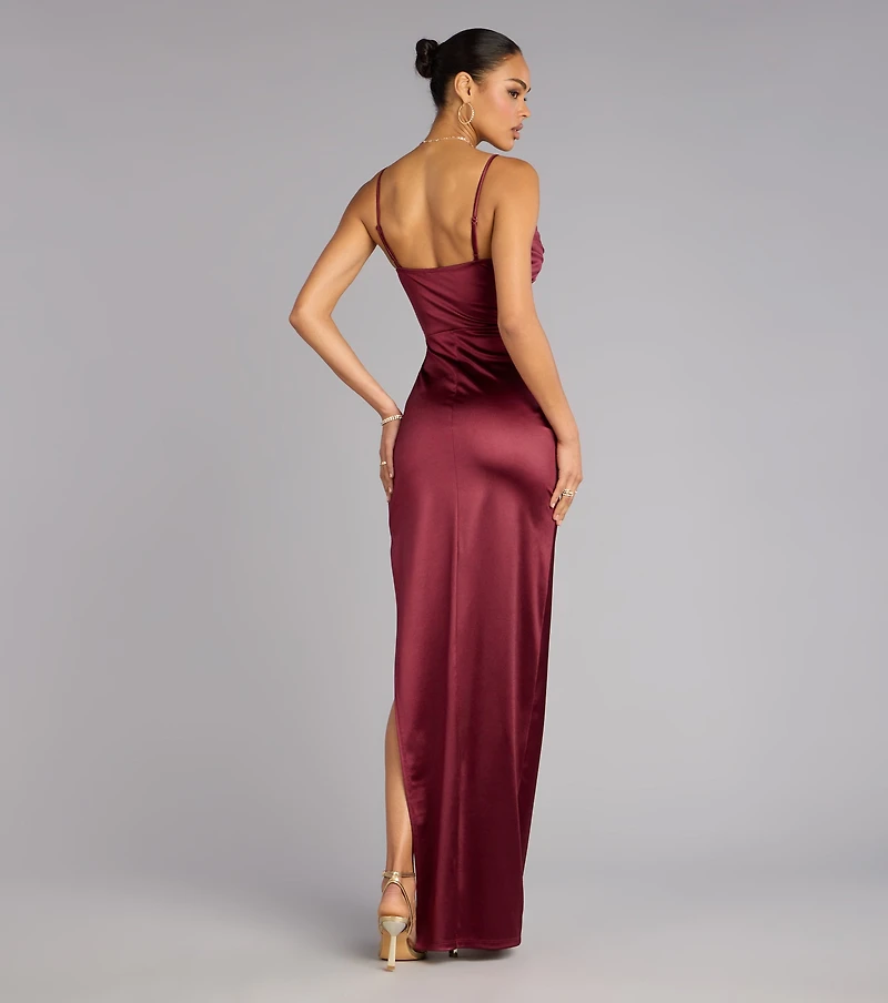 Jane Cowl Neck Slit Satin Formal Column Dress