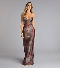 Adaline Floral Satin Open Back Formal Dress