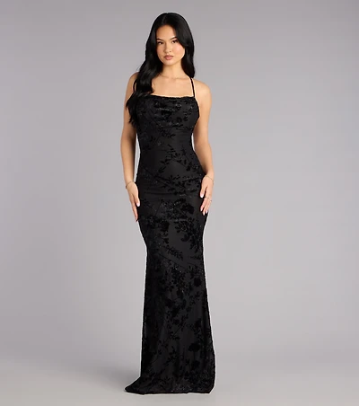 Alma Flocked Floral Mesh Mermaid Dress