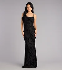 Alma Flocked Floral Mesh Mermaid Dress